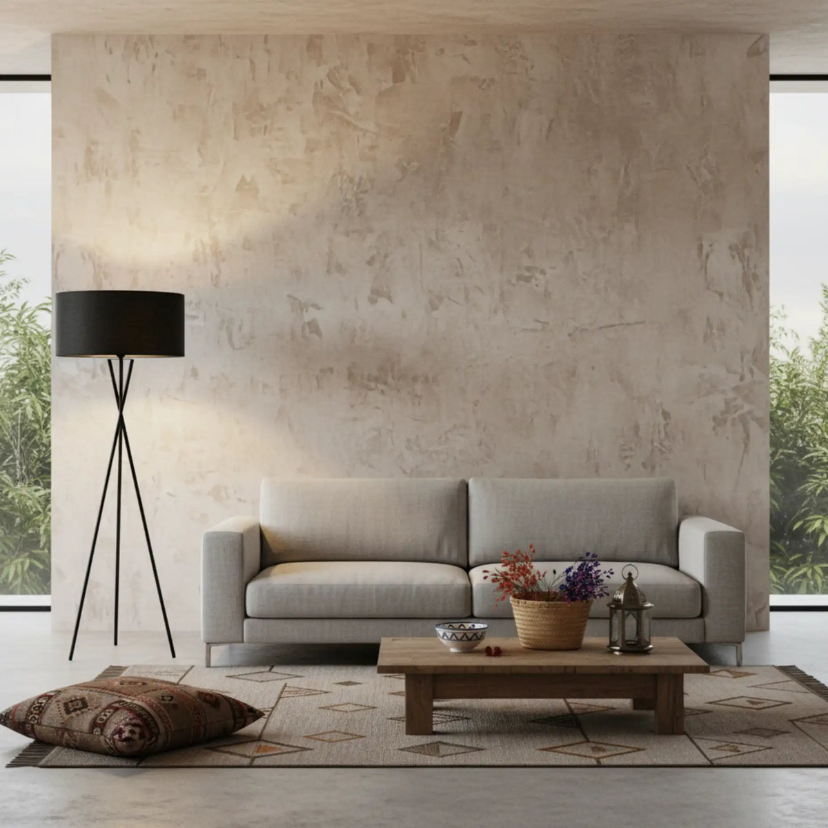 Lampadaire noir à côté d'un canapé gris clair devant un mur texturé, table basse en bois et pouf au sol