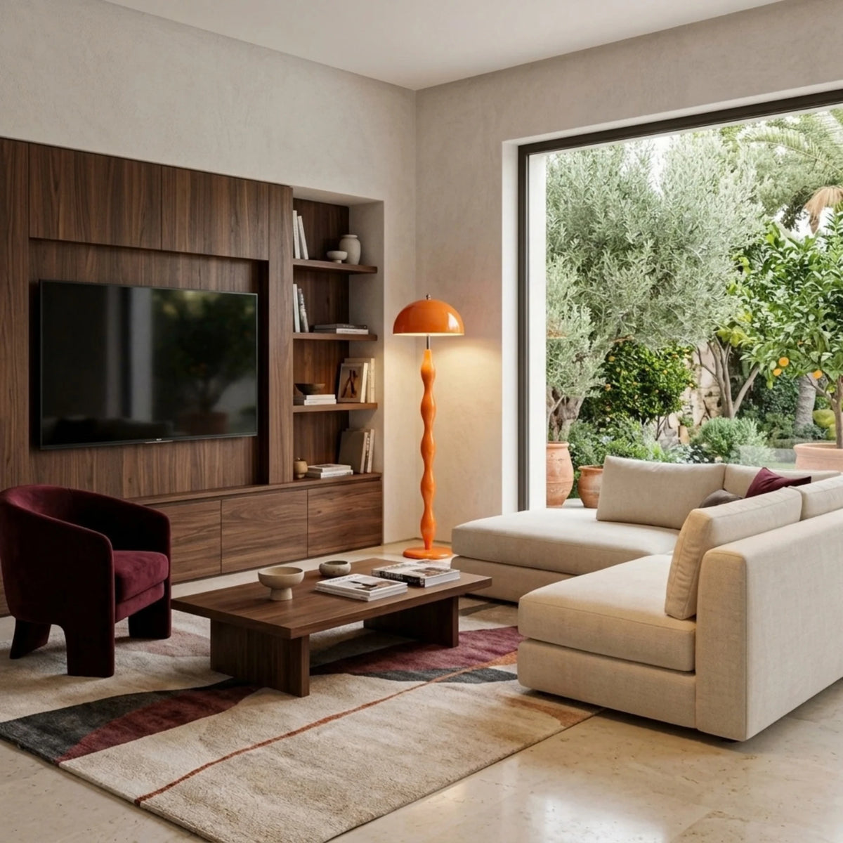 Lampadaire design orange dans un salon boisé avec canapé d'angle crème, meuble TV en bois et vue jardin
