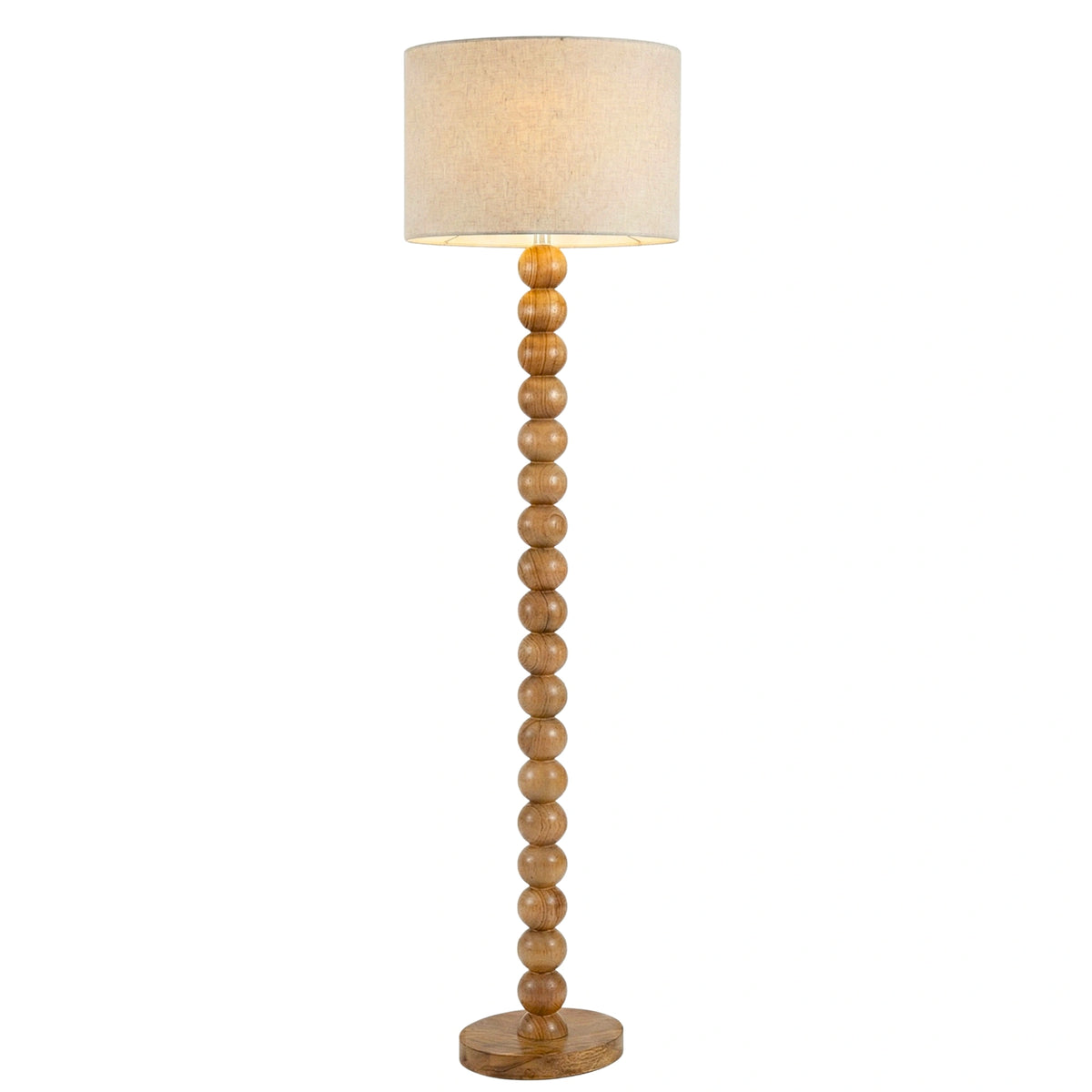 Lampadaire au pied fait de boules en bois rouge tourné, socle rond et abat-jour tambour en lin, sur fond blanc