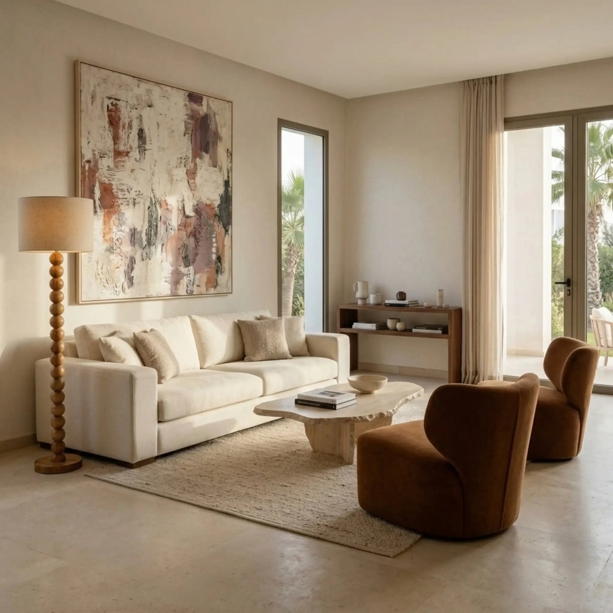 Lampadaire pied boule à côté d'un canapé crème, sous un tableau abstrait, avec deux fauteuils marron et une table basse ronde