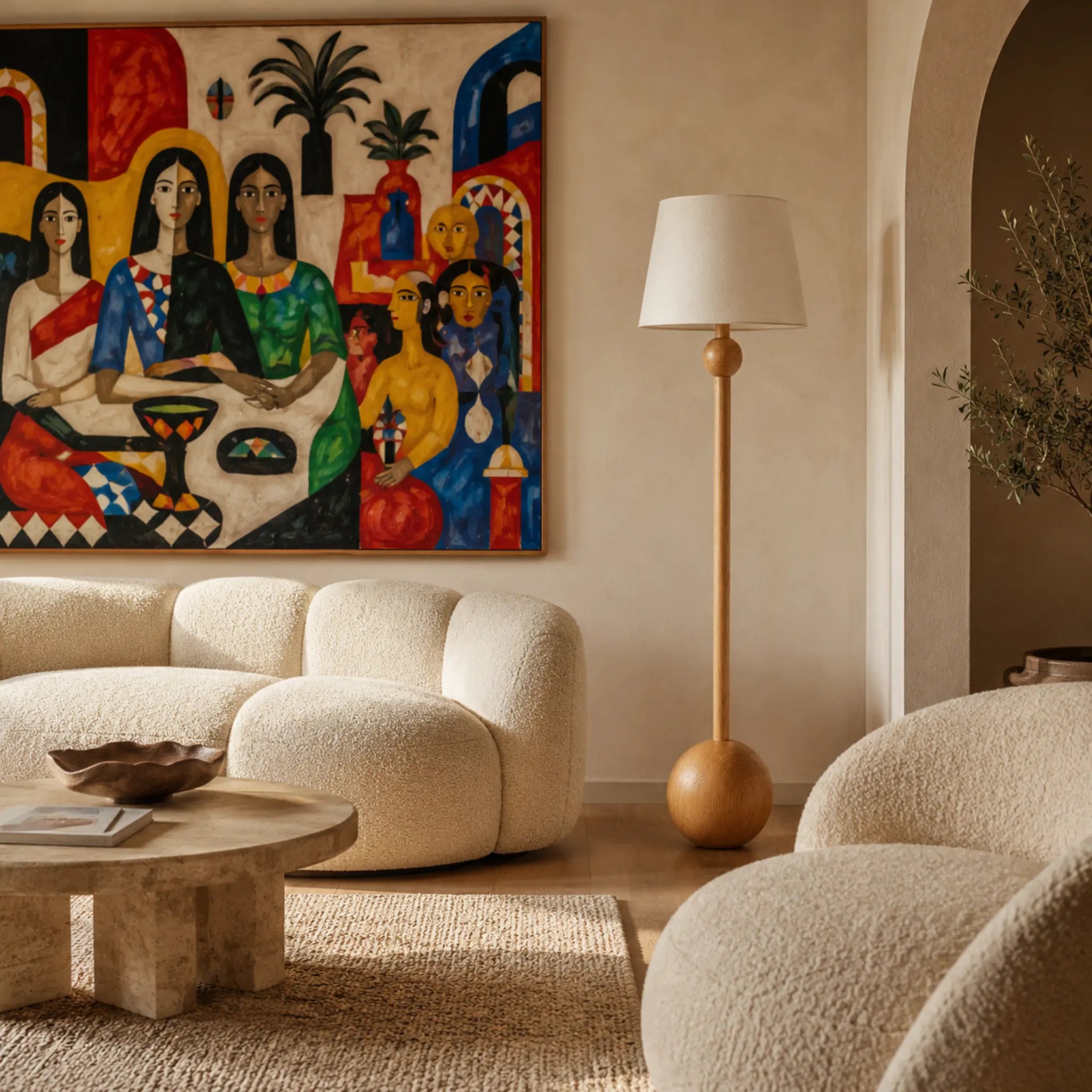 Lampadaire à pied sphère en bois naturel dans un salon contemporain avec tableau coloré et fauteuils bouclette, Tunisie