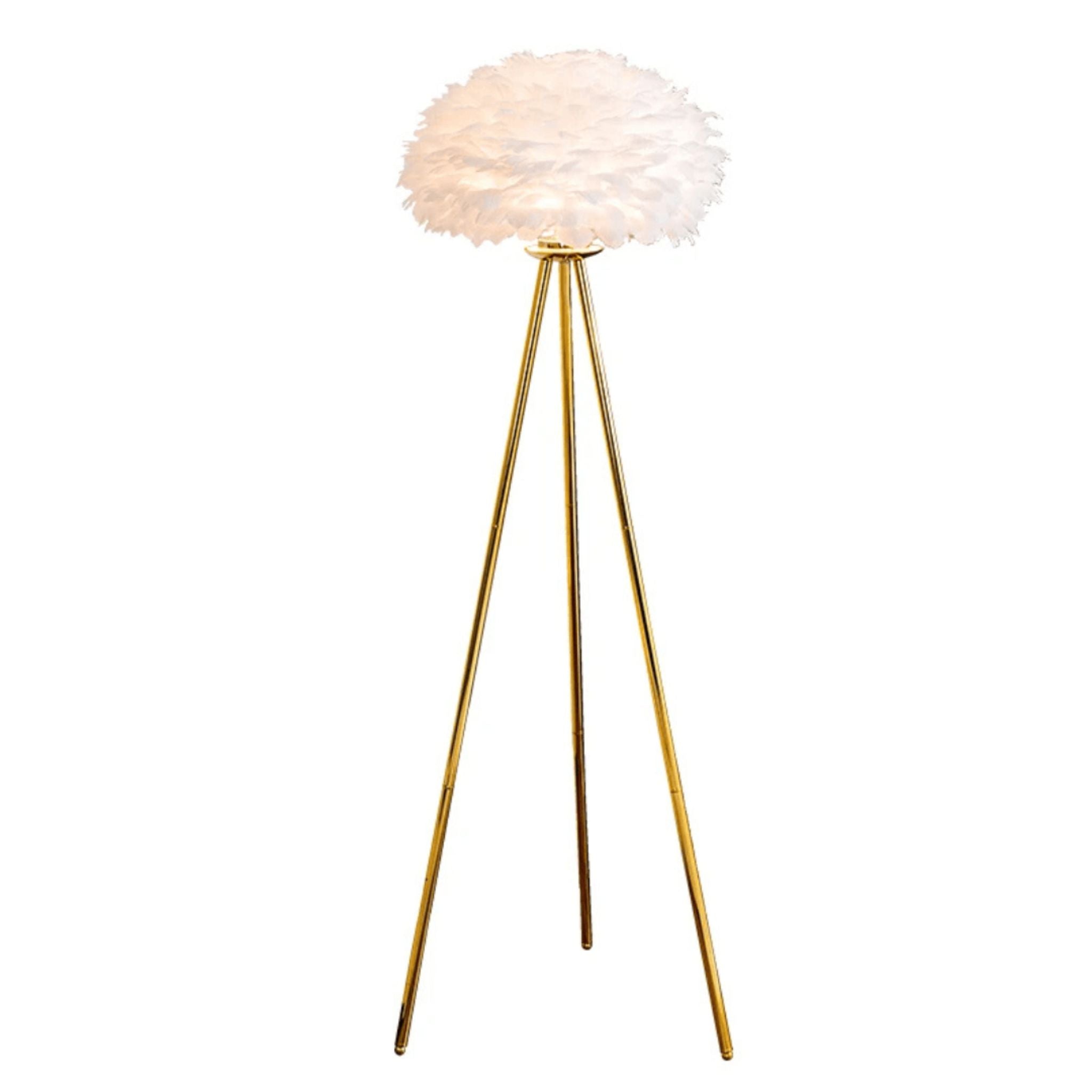 Lampadaire plumes d'autruche élégant avec LED, créant une ambiance luxueuse et chaleureuse dans un salon moderne.