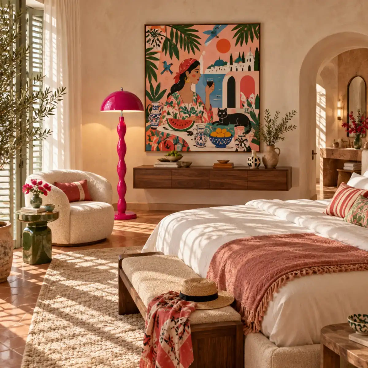 Lampadaire rose dans une chambre méditerranéenne avec fauteuil bouclé, tomettes et tableau coloré