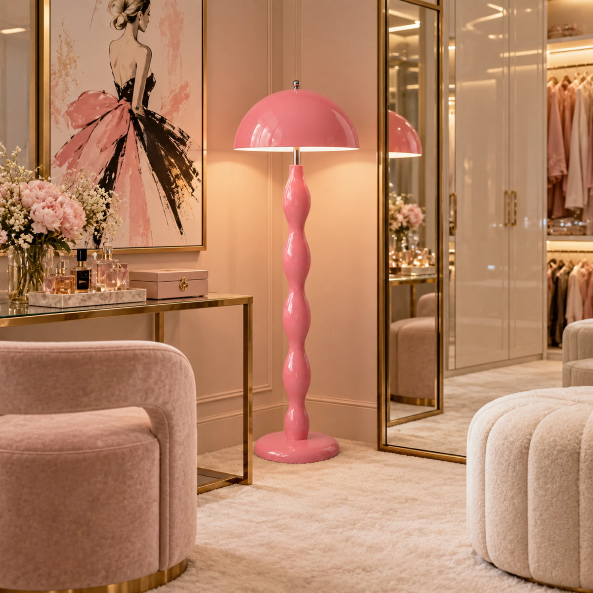 Lampadaire Rose Clair Artisanal – Pied Sculptural Tourné à la Main