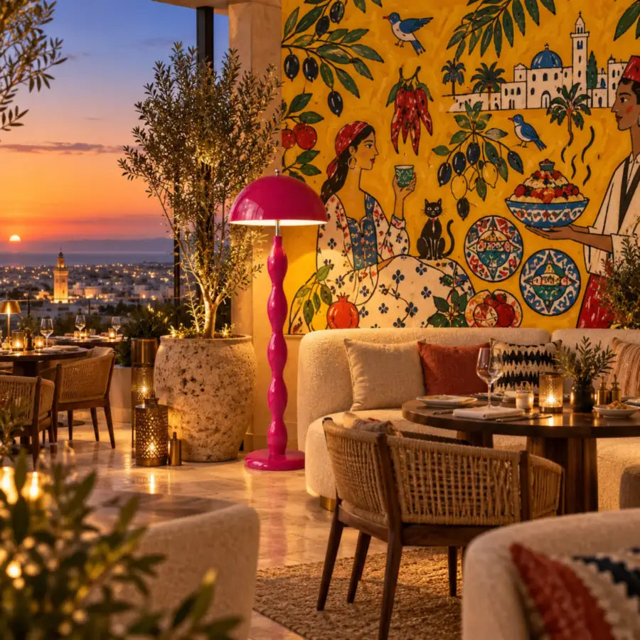 Lampadaire rose allumé dans un restaurant au coucher du soleil, devant une fresque colorée et une vue sur la ville