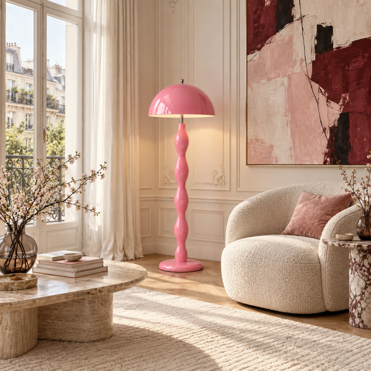 Lampadaire Rose Clair Artisanal – Pied Sculptural Tourné à la Main