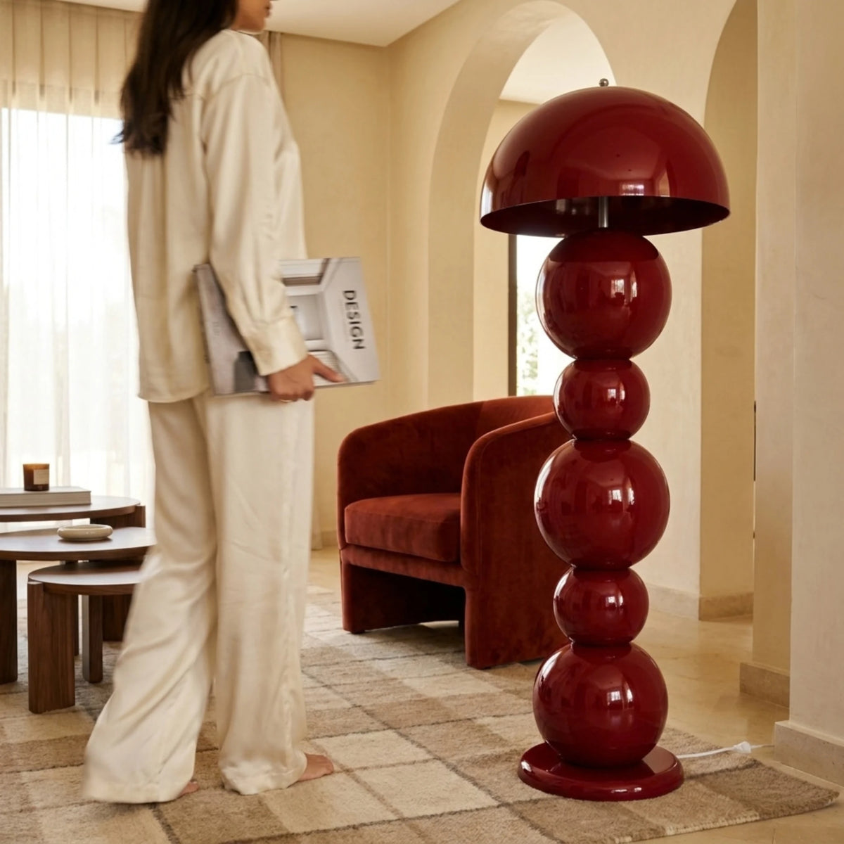 Lampadaire Design Bordeaux à Boules – Pied en Bois