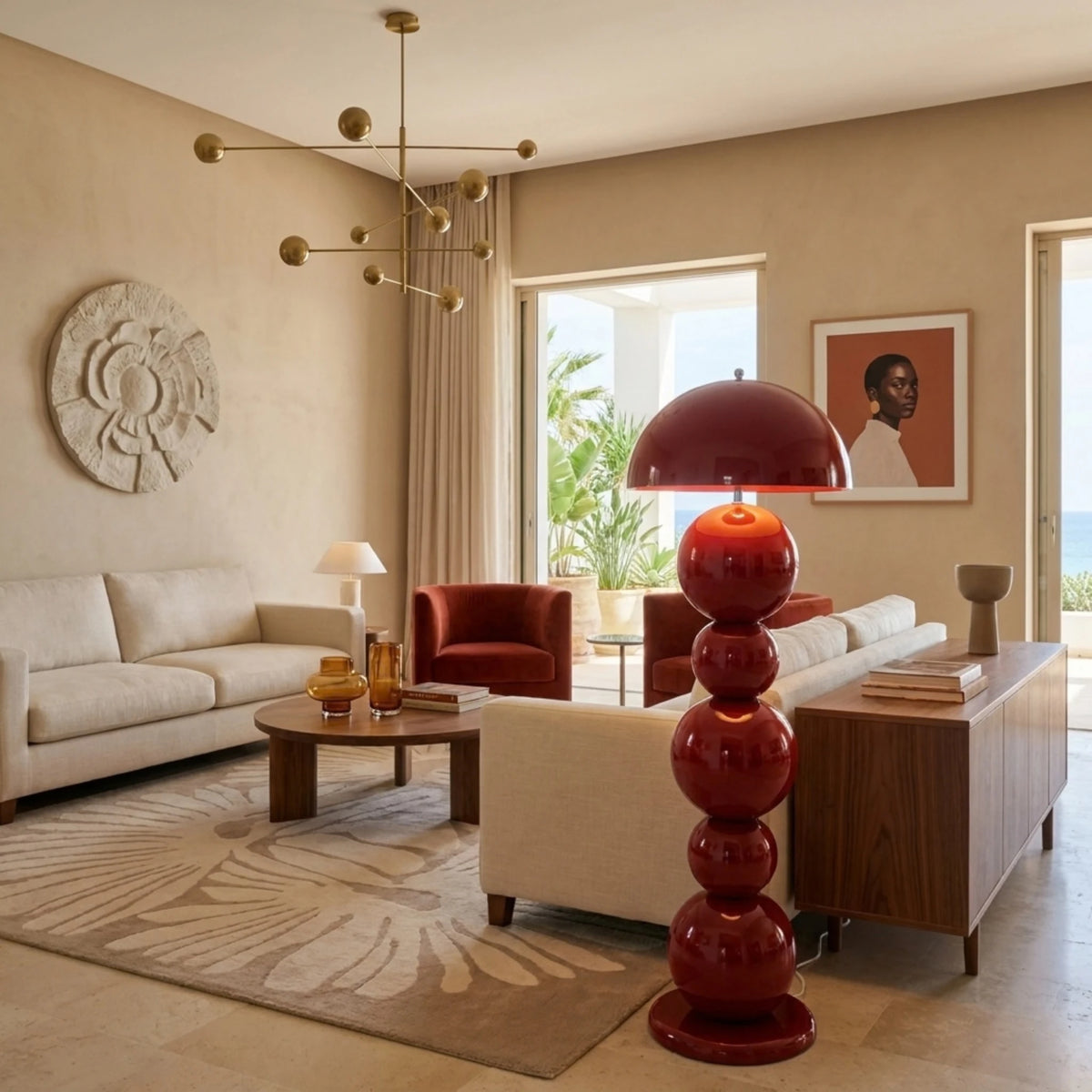 Lampadaire Design Bordeaux à Boules – Pied en Bois