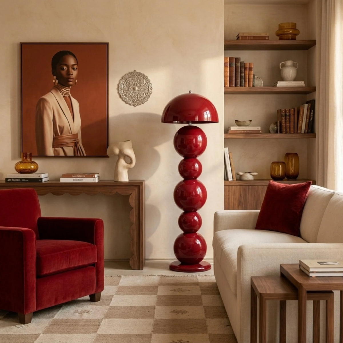 Lampadaire Design Bordeaux à Boules – Pied en Bois