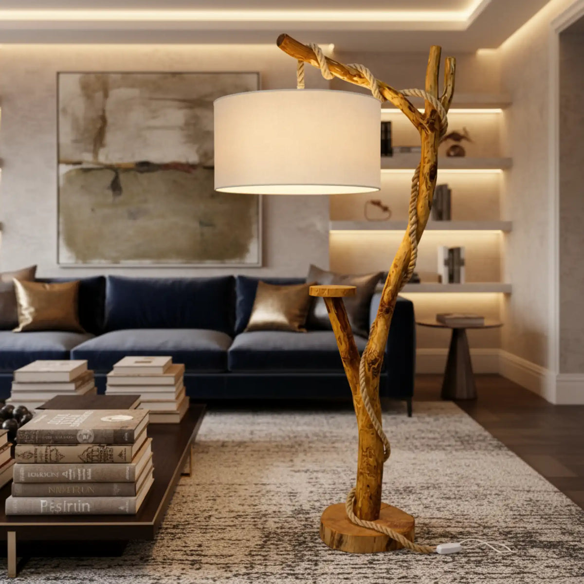 Lampadaire salon en bois brut et corde de jute, devant un canapé bleu marine et une table basse chargée de livres