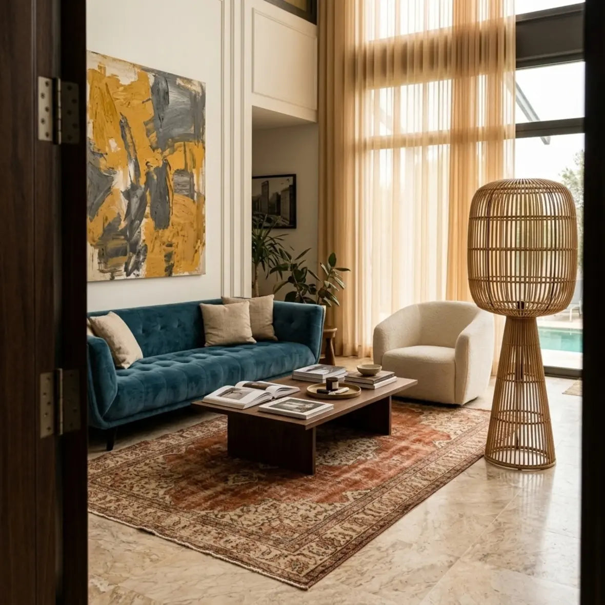 Lampadaire en rotin naturel près d'un canapé en velours bleu canard, d'un tapis ancien et d'un tableau jaune
