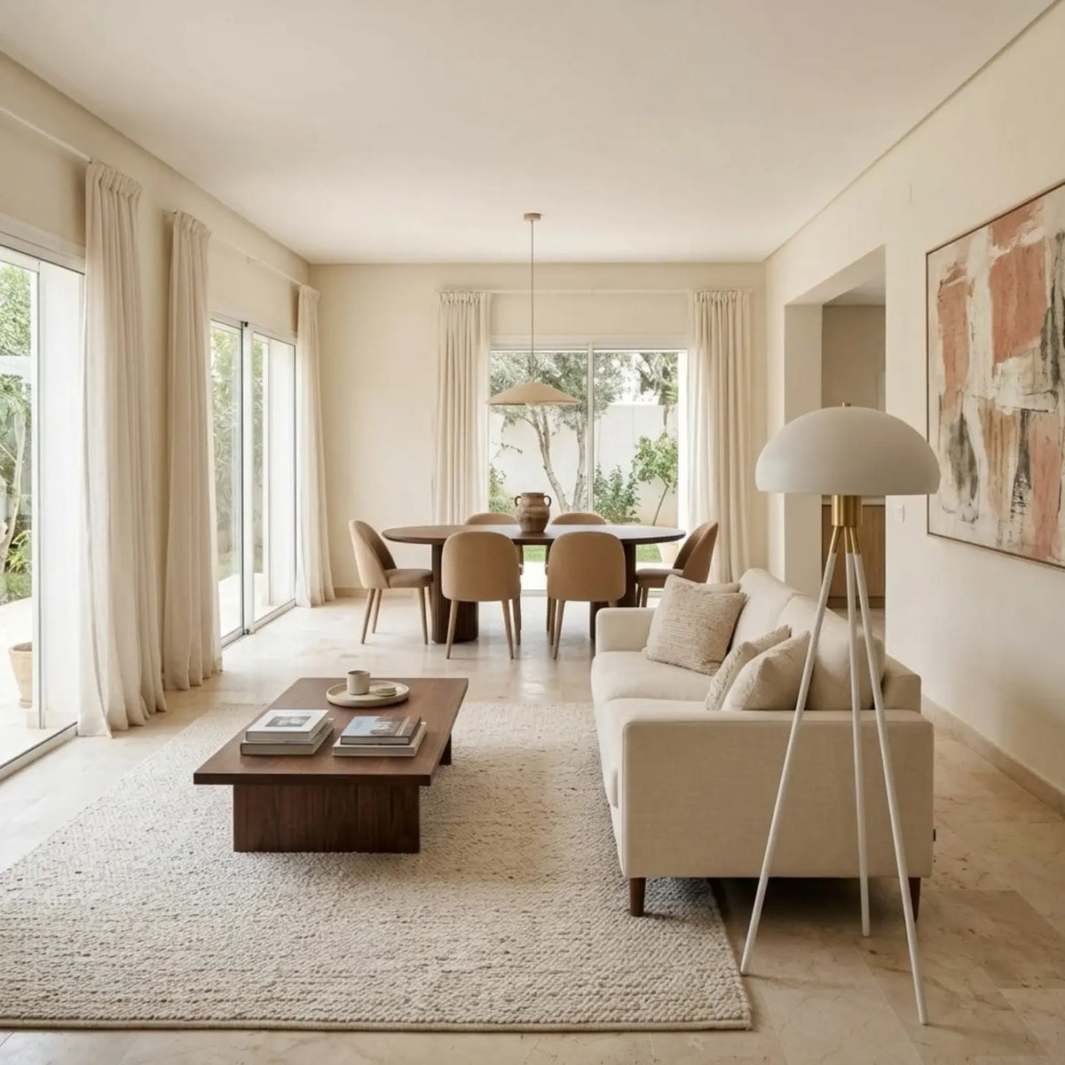Lampadaire champignon blanc près d'un canapé crème, dans un séjour lumineux ouvert sur la salle à manger