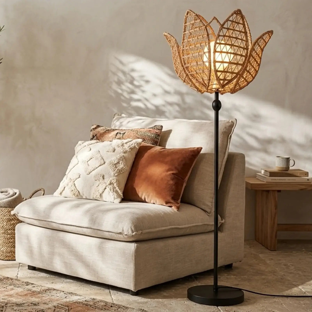 Lampadaire fleur au pied en métal noir près d'une chauffeuse avec coussins dans un salon bohème