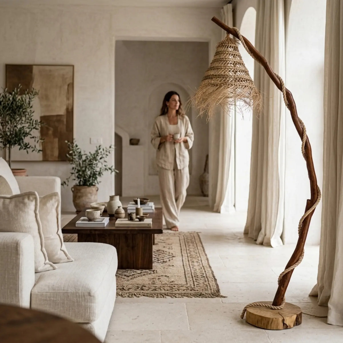 Lampadaire salon en bois flotté arqué au-dessus d'un canapé beige, dans un salon lumineux aux murs blancs