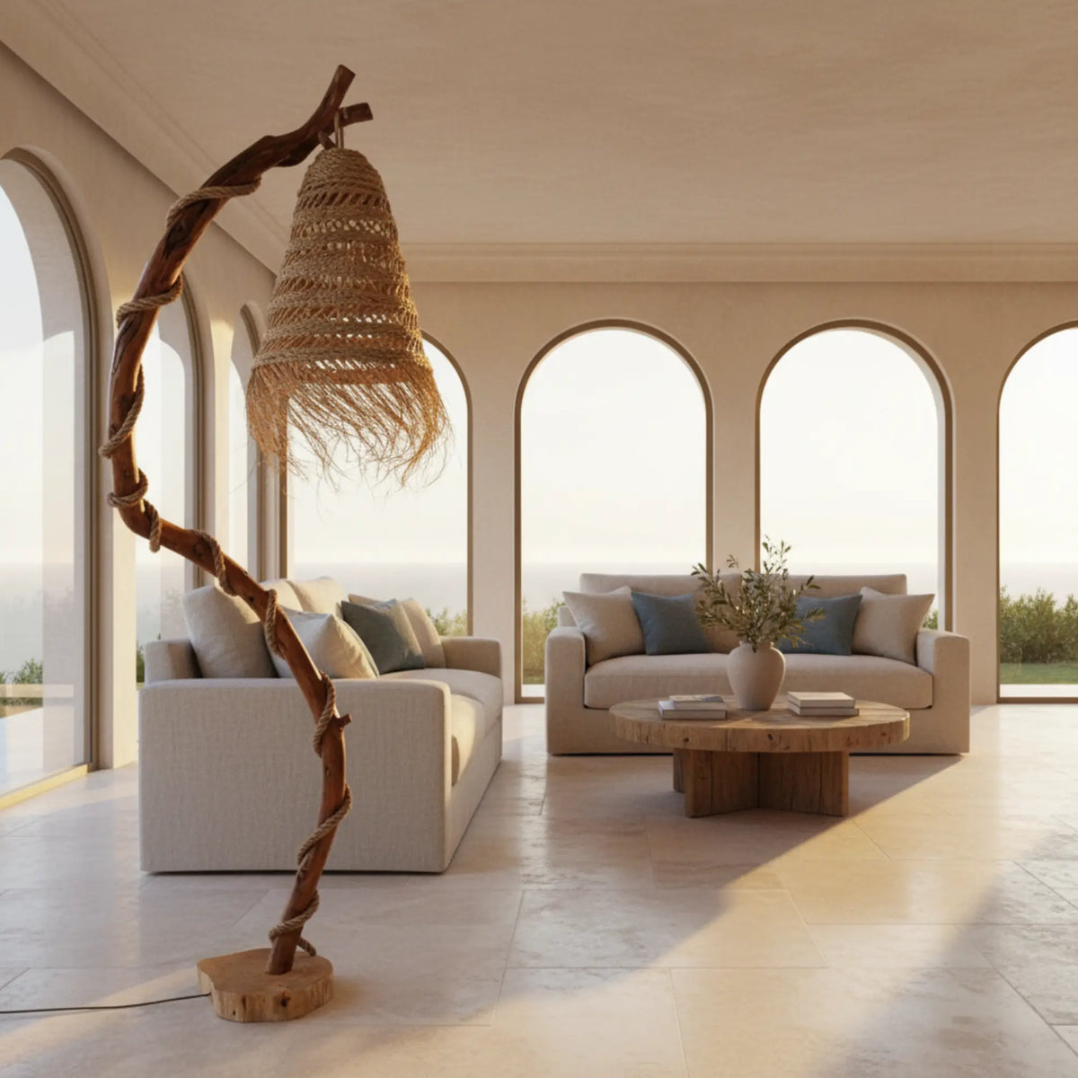 Lampadaire en bois flotté dans un salon lumineux aux fenêtres cintrées, avec canapé crème et table basse