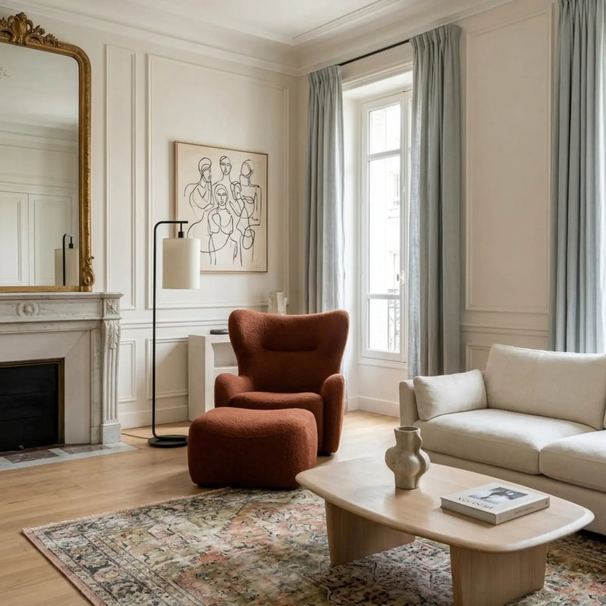 Lampadaire noir près d'une cheminée en marbre et d'un fauteuil terracotta dans un salon à moulures