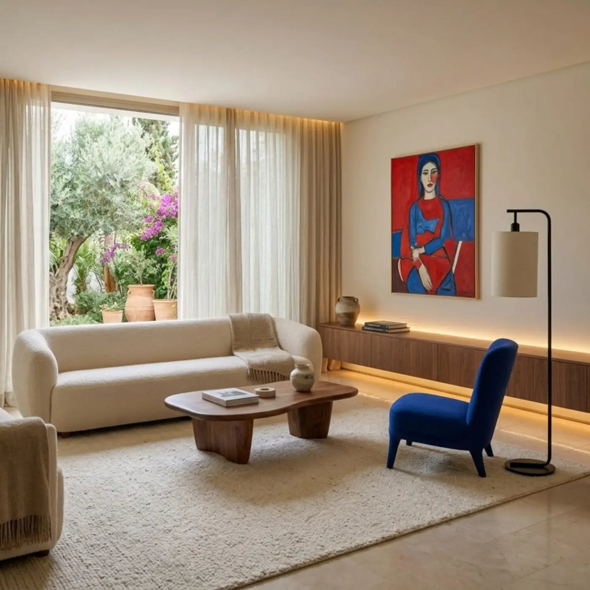 Lampadaire noir à côté d'un fauteuil bleu et d'un tableau rouge, dans un salon ouvert sur un jardin