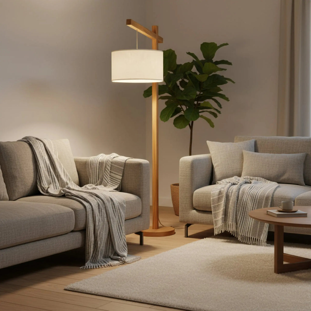Lampadaire bois frêne fait main Tunisie salon scandinave
canapé gris lumière tamisée — luminaire Fiolla Home