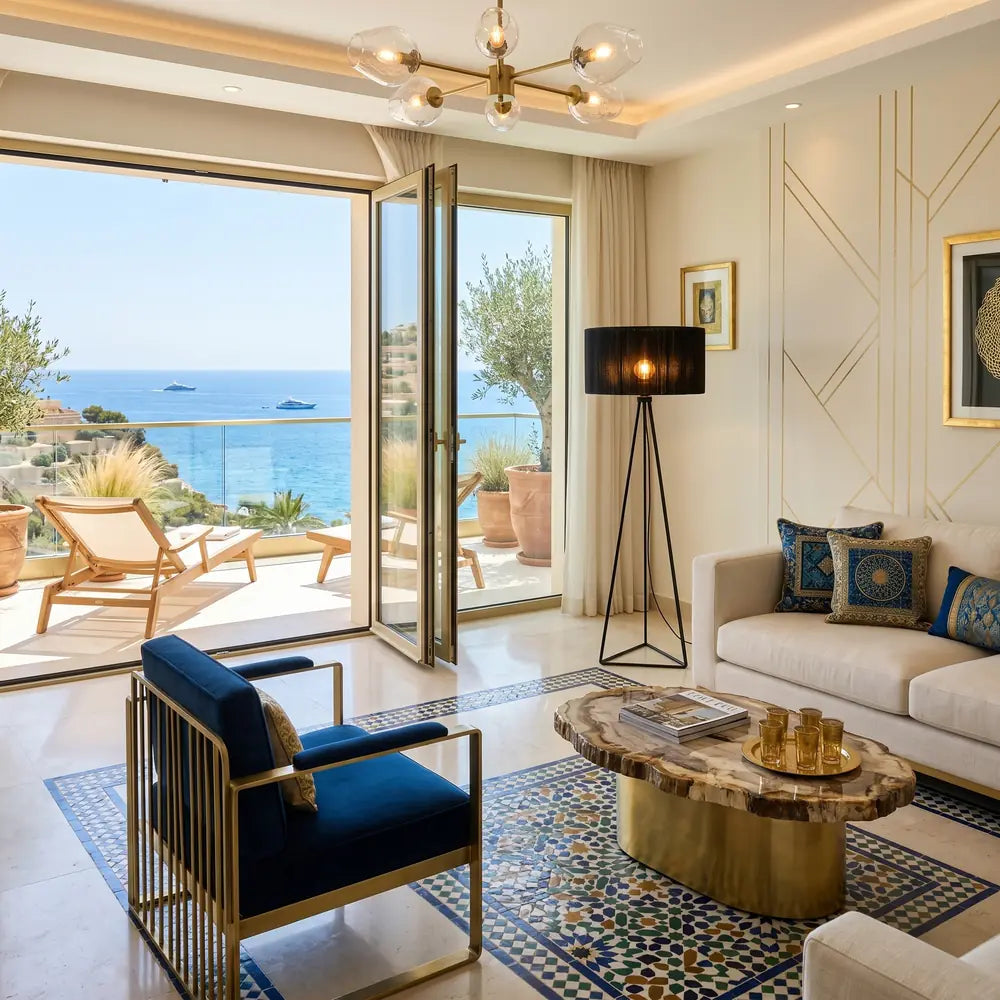 Lampadaire trépied noir allumé dans un salon luxueux avec vue mer et fauteuil en velours bleu