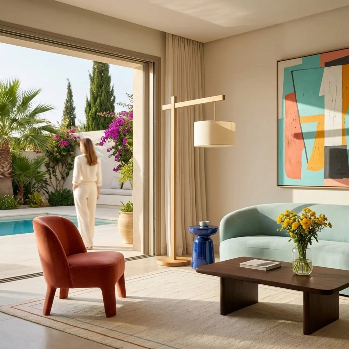 Lampadaire en bois dans un salon lumineux ouvert sur un jardin avec piscine et bougainvilliers