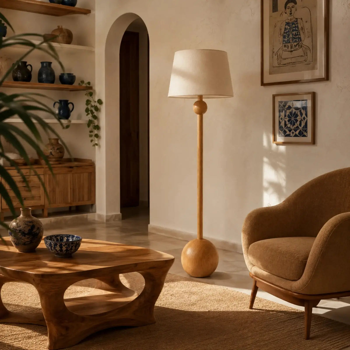 Lampadaire en bois dans un salon méditerranéen avec arche, céramiques bleues et fauteuil