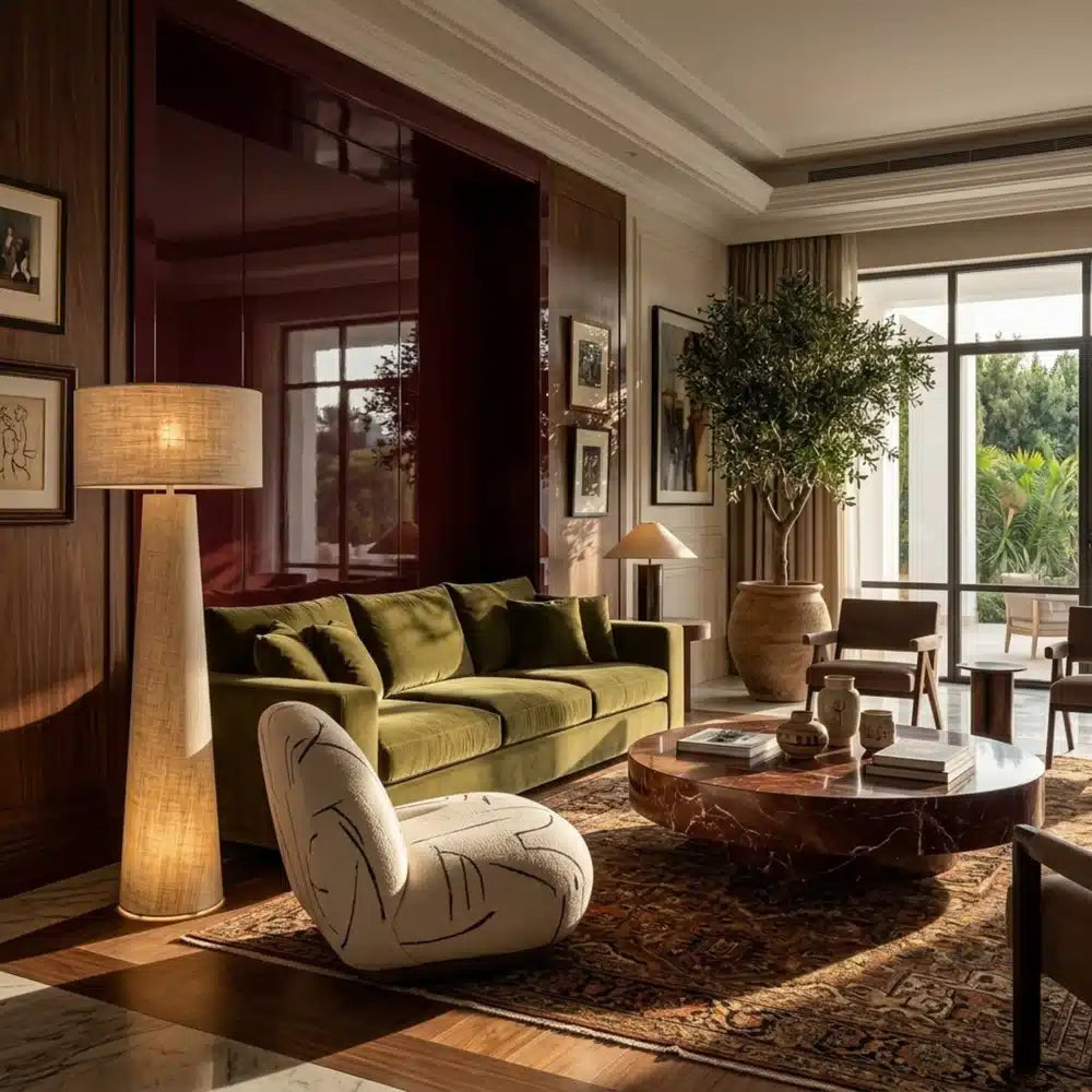 Lampadaire en lin allumé à côté d'un canapé vert olive, dans un salon avec boiseries et tapis