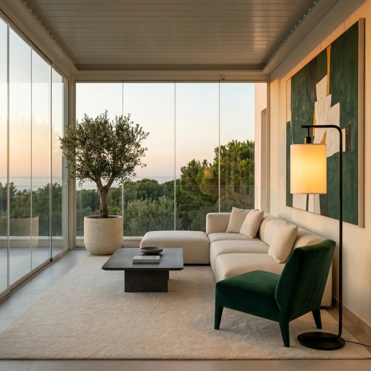Lampadaire noir allumé près d'un fauteuil en velours vert, dans un salon vitré avec vue sur la mer