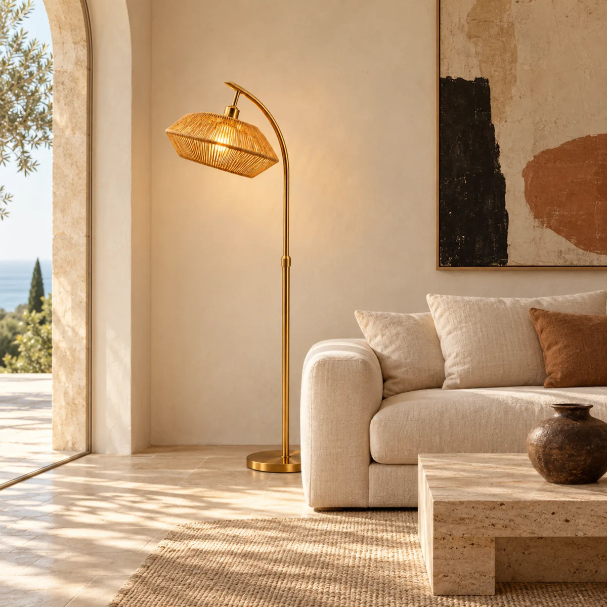 Lampadaire Scandinave Jute Doré | Livraison Tunisie | Fiolla Home