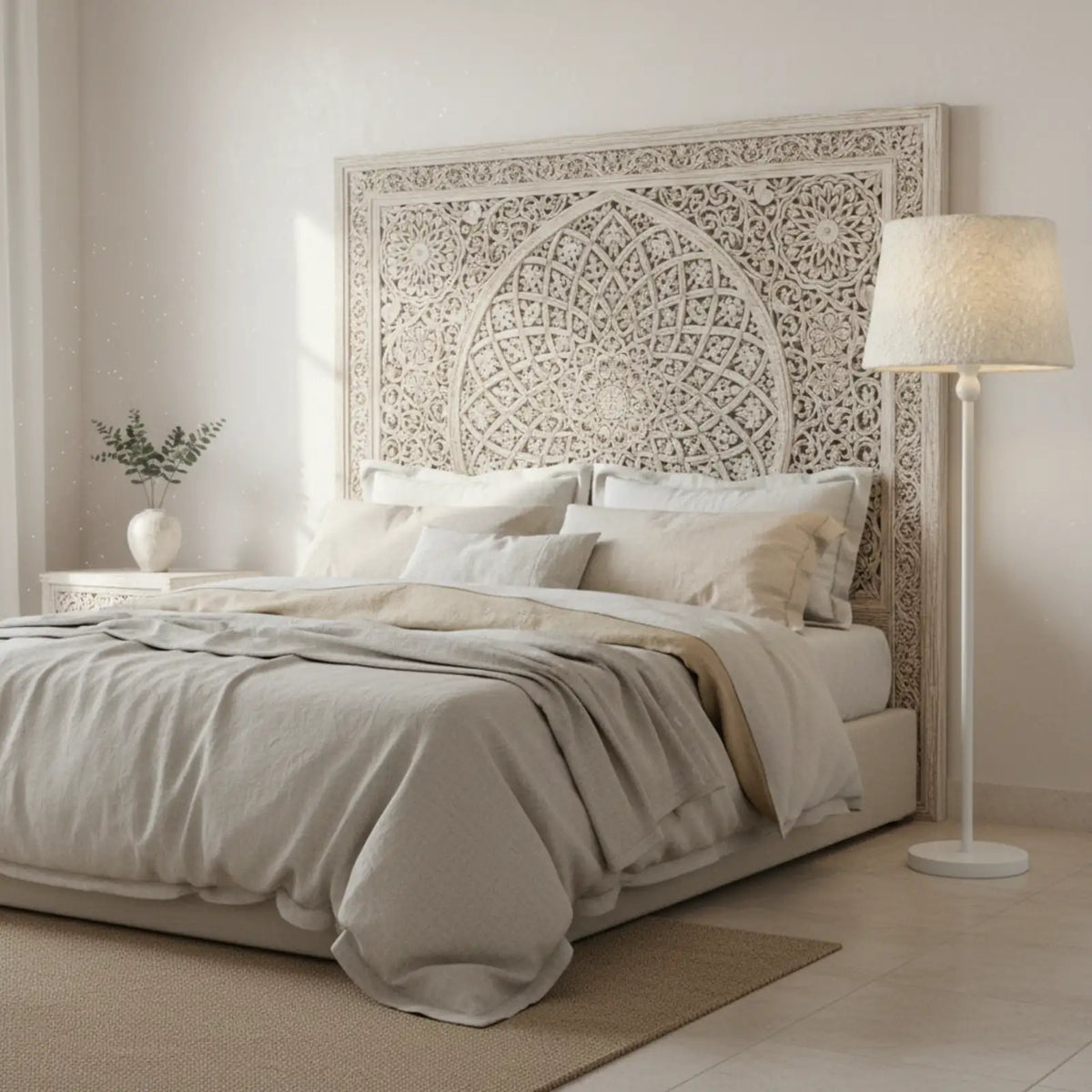 Lampadaire blanc allumé à côté d'un lit au linge clair et d'une tête de lit sculptée blanche dans une chambre
