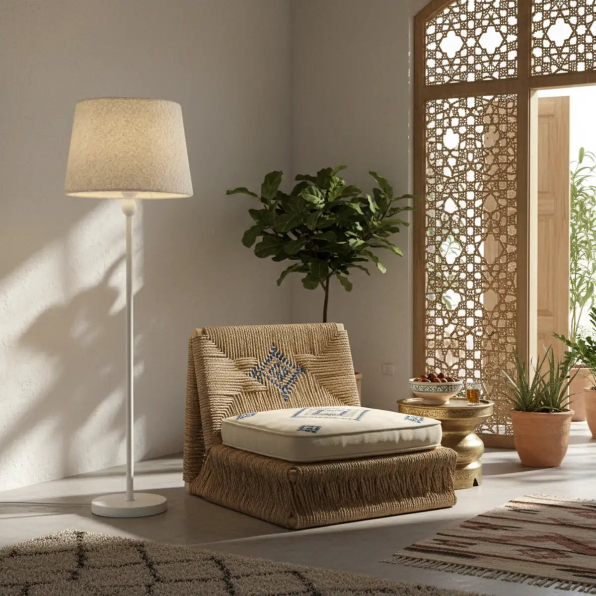 Lampadaire blanc près d'un fauteuil bas en corde tressée, devant un paravent moucharabieh et des plantes vertes