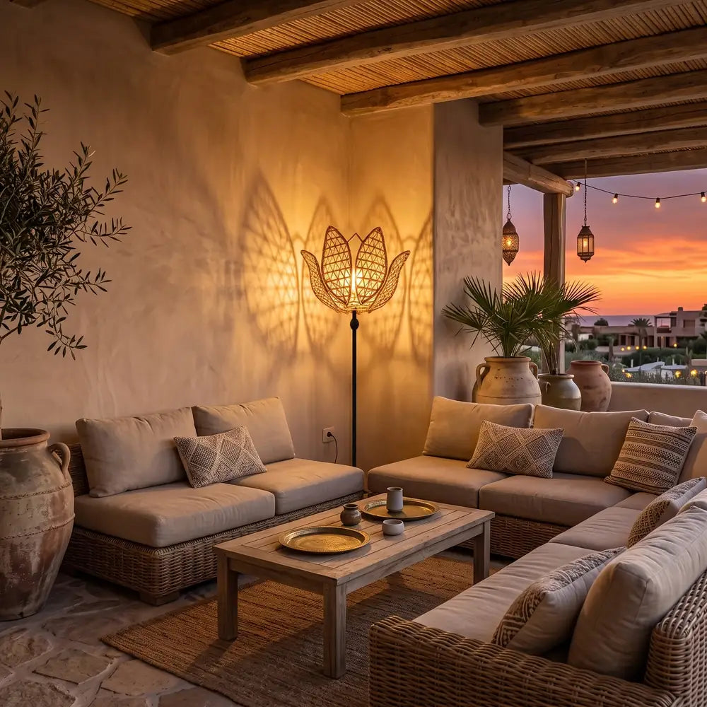 Lampadaire fleur allumé sur une terrasse méditerranéenne au coucher du soleil, entre deux canapés
