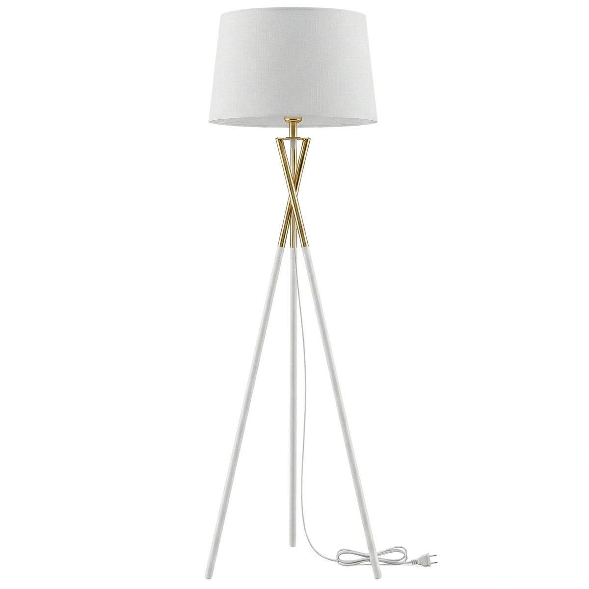 Lampadaire trépied blanc et doré avec abat-jour en tissu blanc, vue complète sur fond blanc