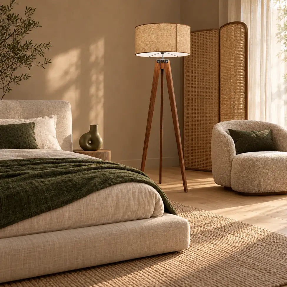 Lampadaire trépied en bois dans une chambre beige, entre un lit avec plaid vert, un paravent et un fauteuil bouclé