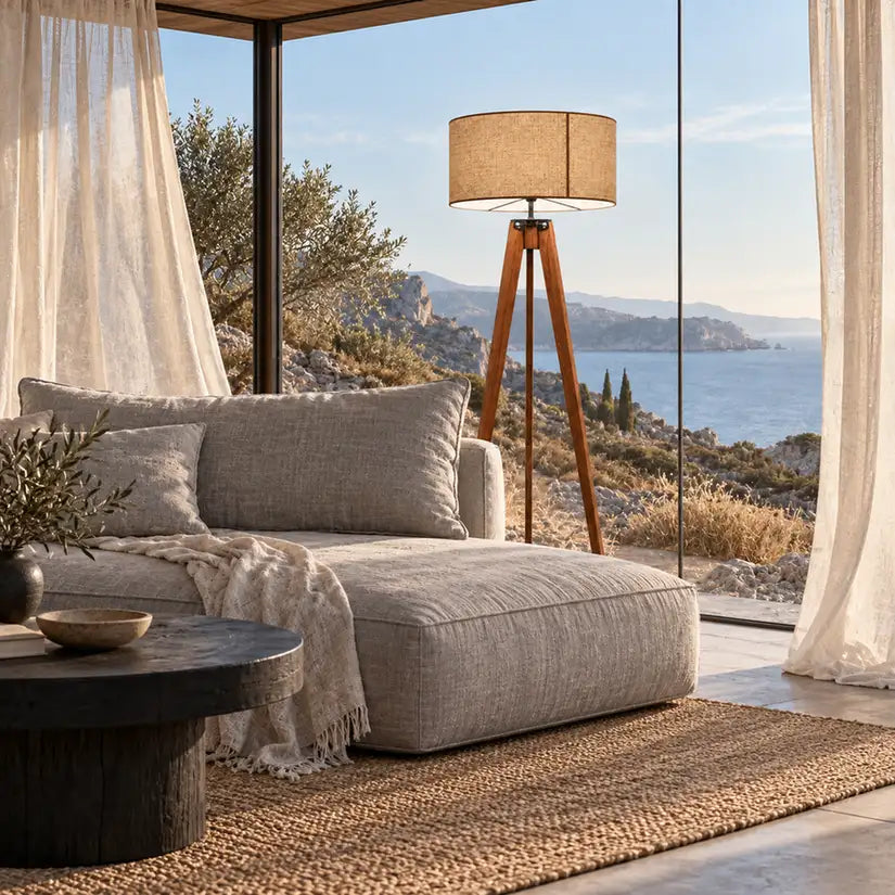 Lampadaire trépied en bois derrière une méridienne grise, devant une baie vitrée ouverte sur la mer