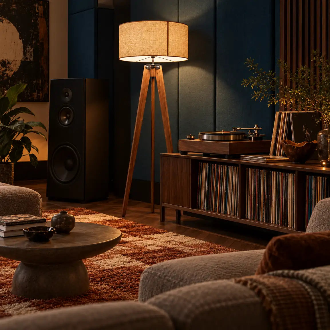 Lampadaire trépied en bois allumé près d'un meuble vinyles avec platine, enceinte et canapé bouclé