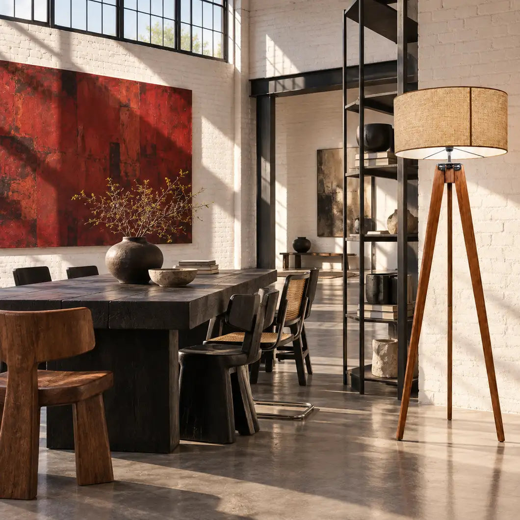 Lampadaire trépied en bois dans un loft lumineux, à côté d'une table à manger en bois sombre et d'un tableau rouge