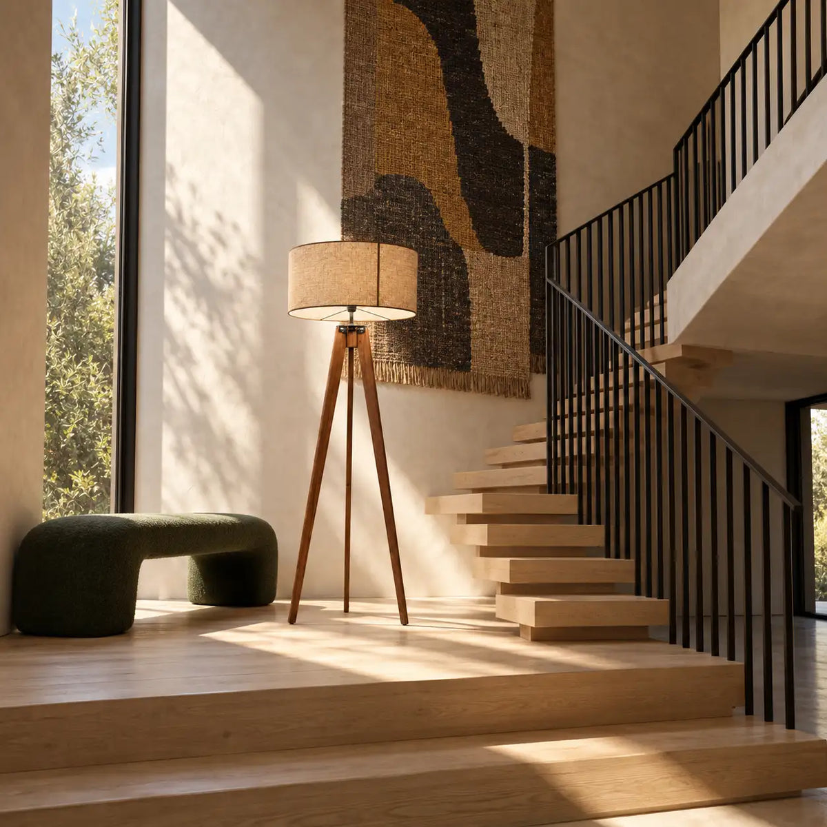 Lampadaire trépied en bois sur un palier au pied d'un escalier, à côté d'un banc en velours vert