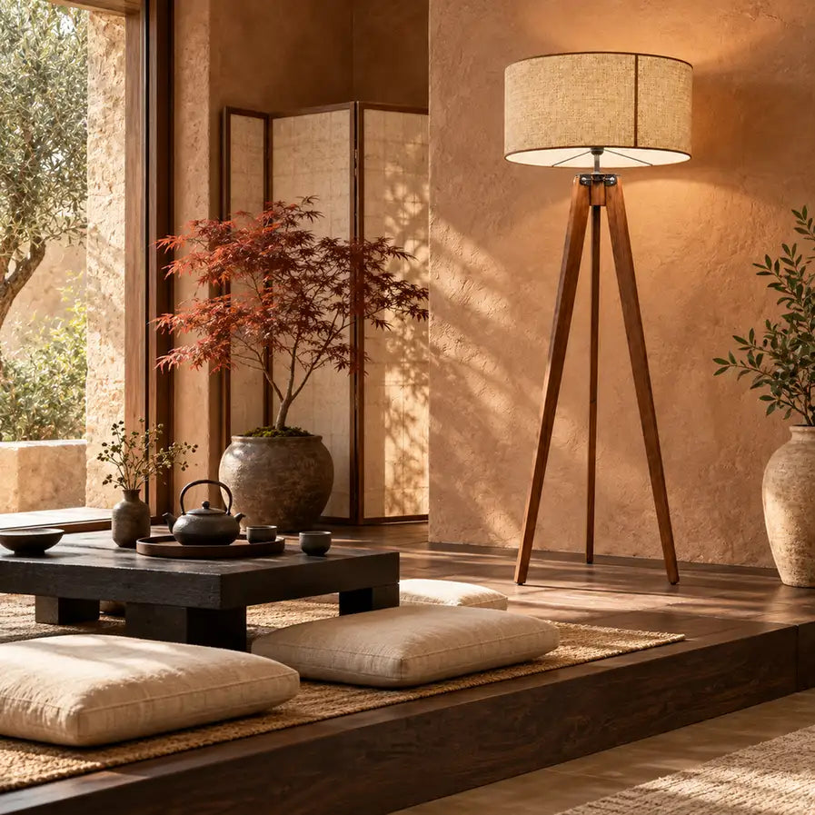 Lampadaire trépied en bois dans un salon de thé zen, à côté d'une table basse, de coussins de sol et d'un érable rouge