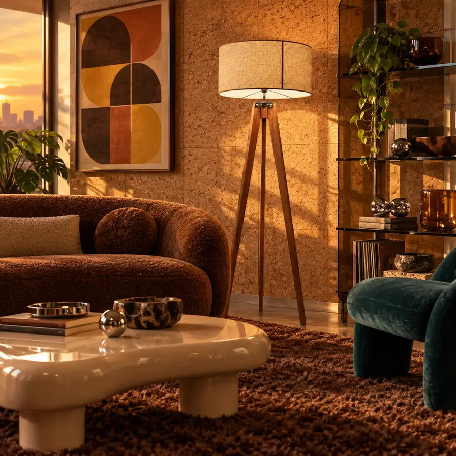 Lampadaire trépied en bois allumé dans un salon vintage aux tons chauds, avec canapé brun, fauteuil vert et table basse laquée