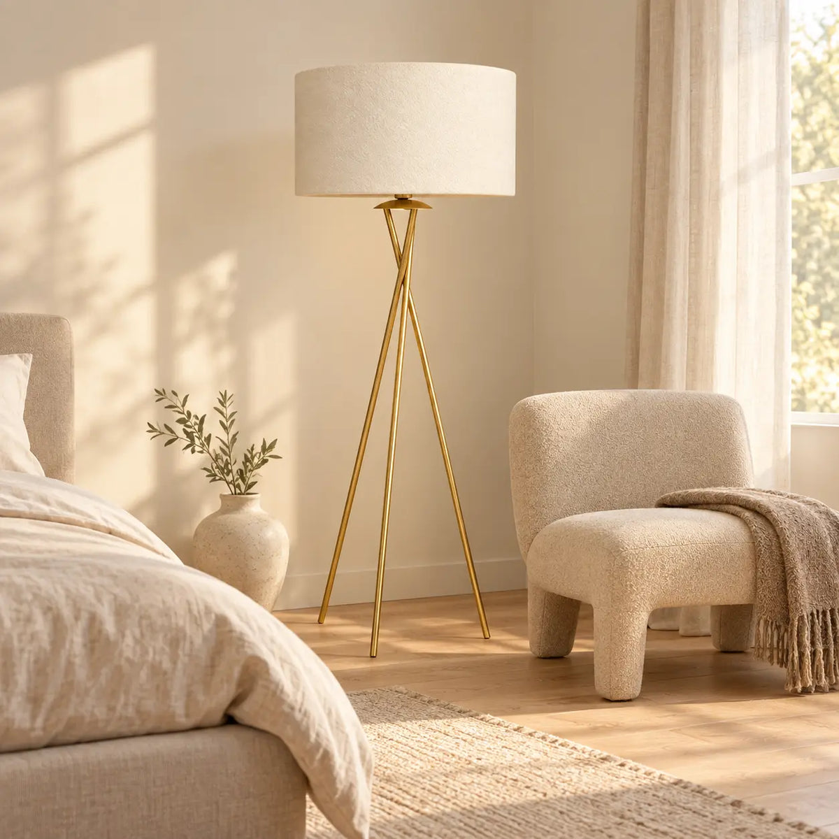 Lampadaire trépied doré dans une chambre lumineuse, entre le lit et un petit fauteuil bouclé
