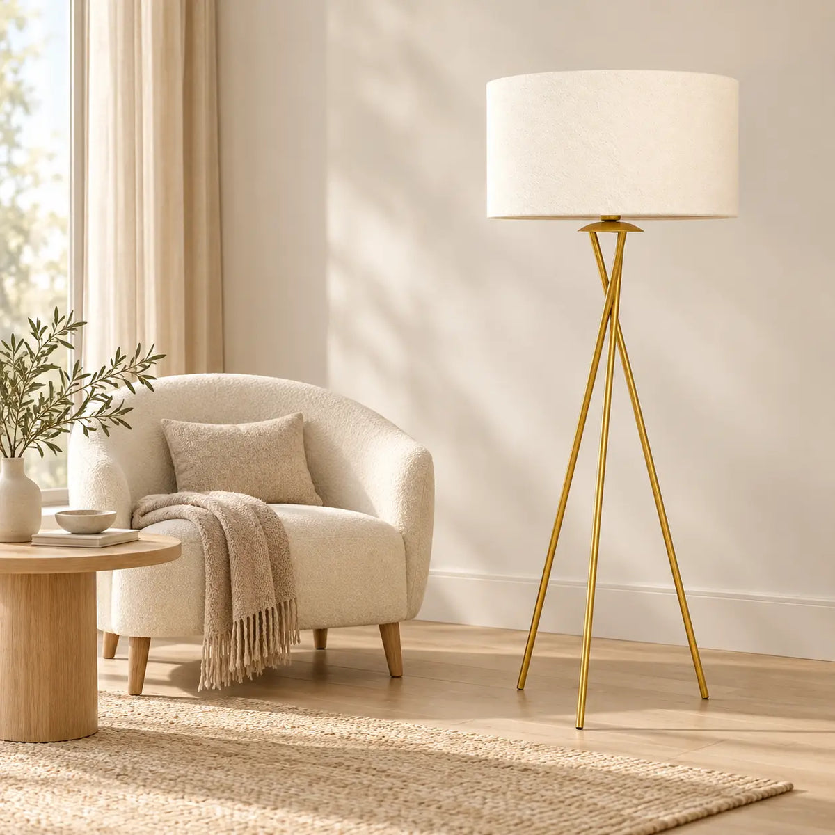 Lampadaire trépied doré à côté d'un fauteuil bouclé crème avec plaid et d'une table d'appoint en bois
