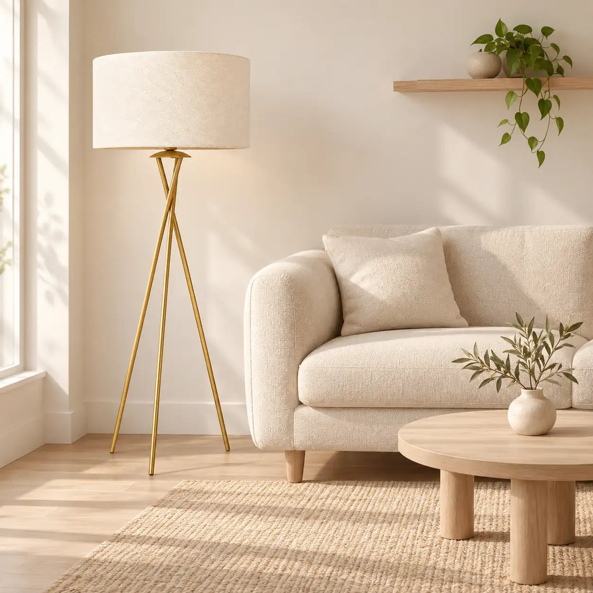Lampadaire trépied doré dans un petit salon, à côté d'un canapé bouclé crème et d'une table basse ronde en bois