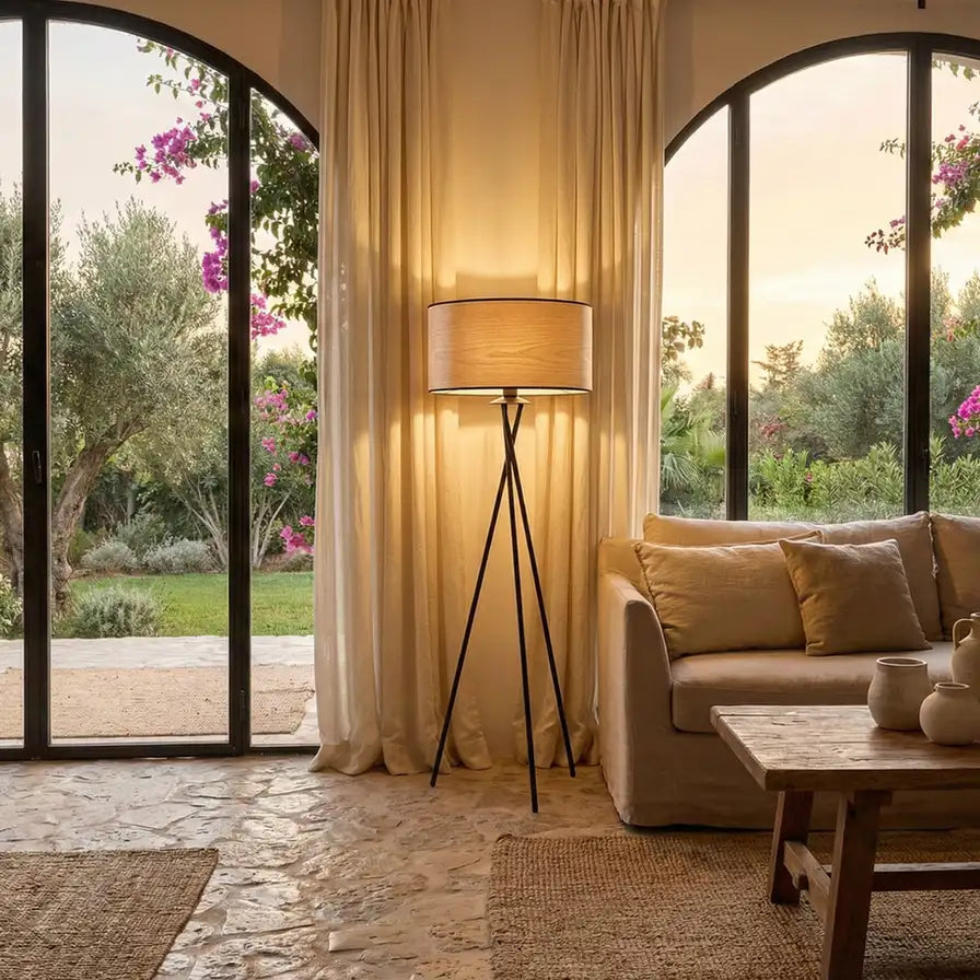 Lampadaire trépied noir allumé entre deux baies vitrées en arche ouvertes sur un jardin fleuri