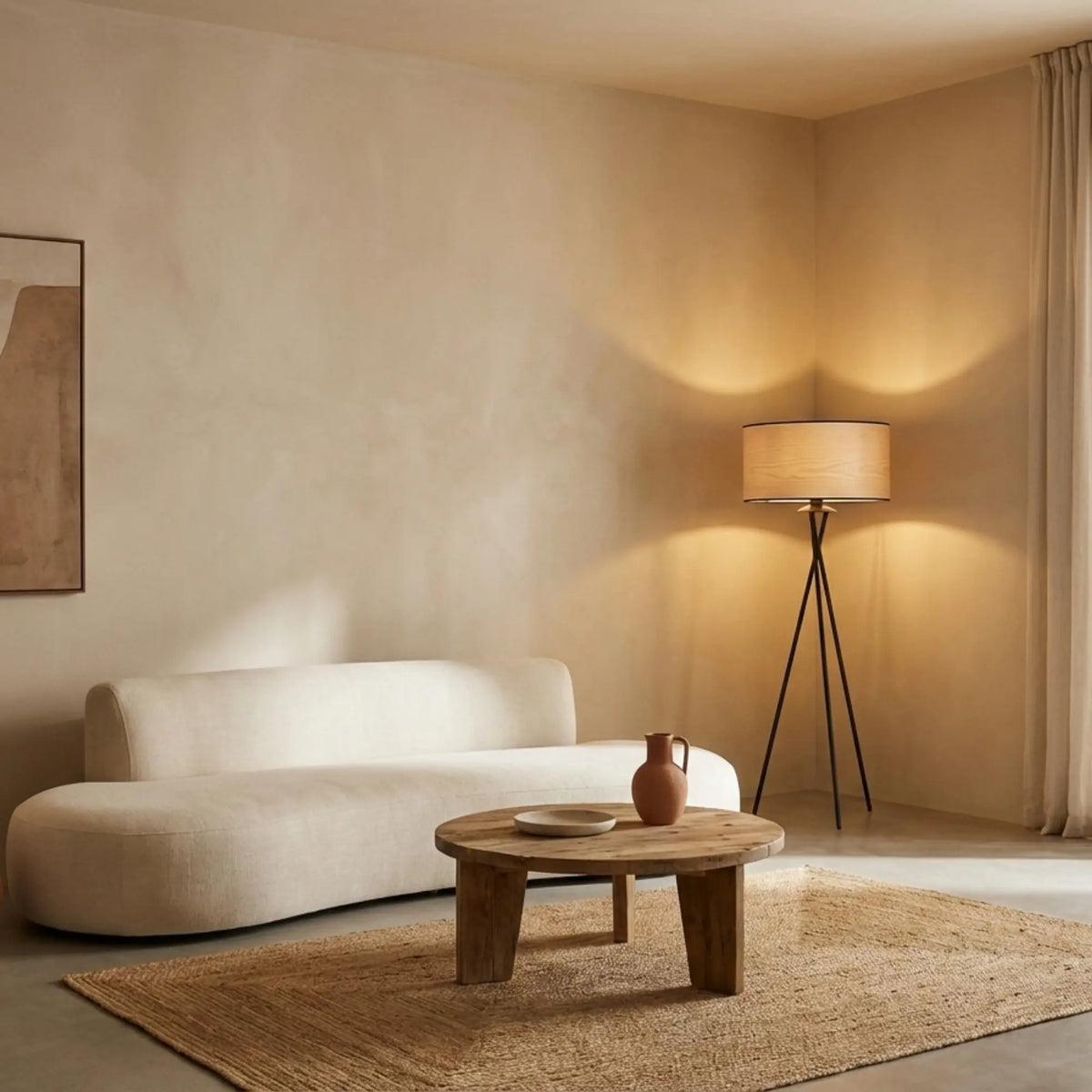 Lampadaire trépied noir allumé dans l'angle d'un salon minimaliste, canapé arrondi blanc et table basse ronde en bois