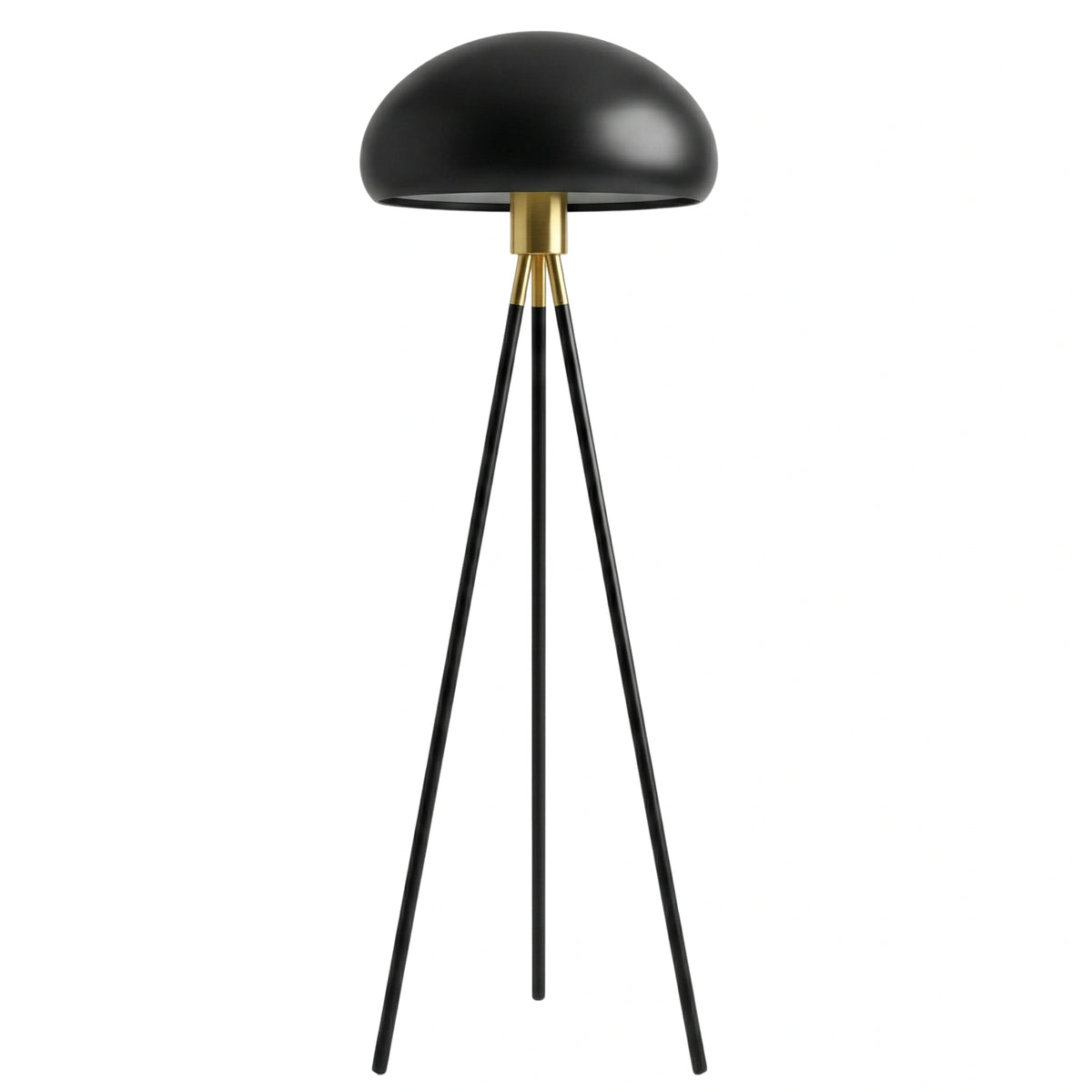 Lampadaire trépied noir et doré avec abat-jour dôme noir mat et bague laiton, sur fond blanc