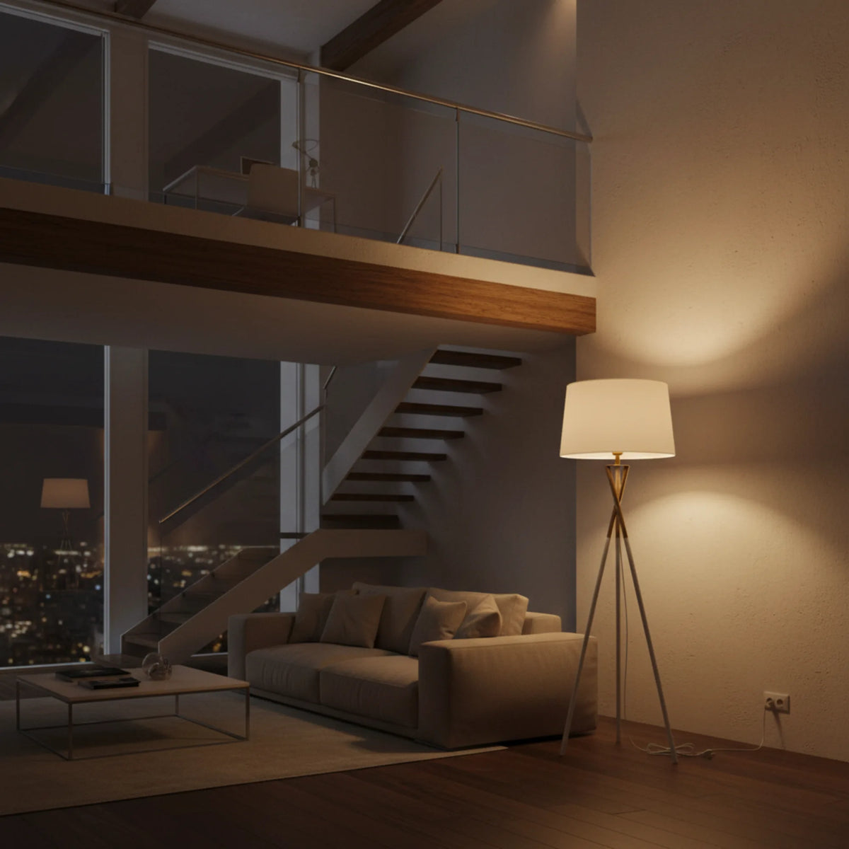 Lampadaire trépied allumé la nuit dans un salon sous mezzanine, à côté d'un canapé et face aux lumières de la ville