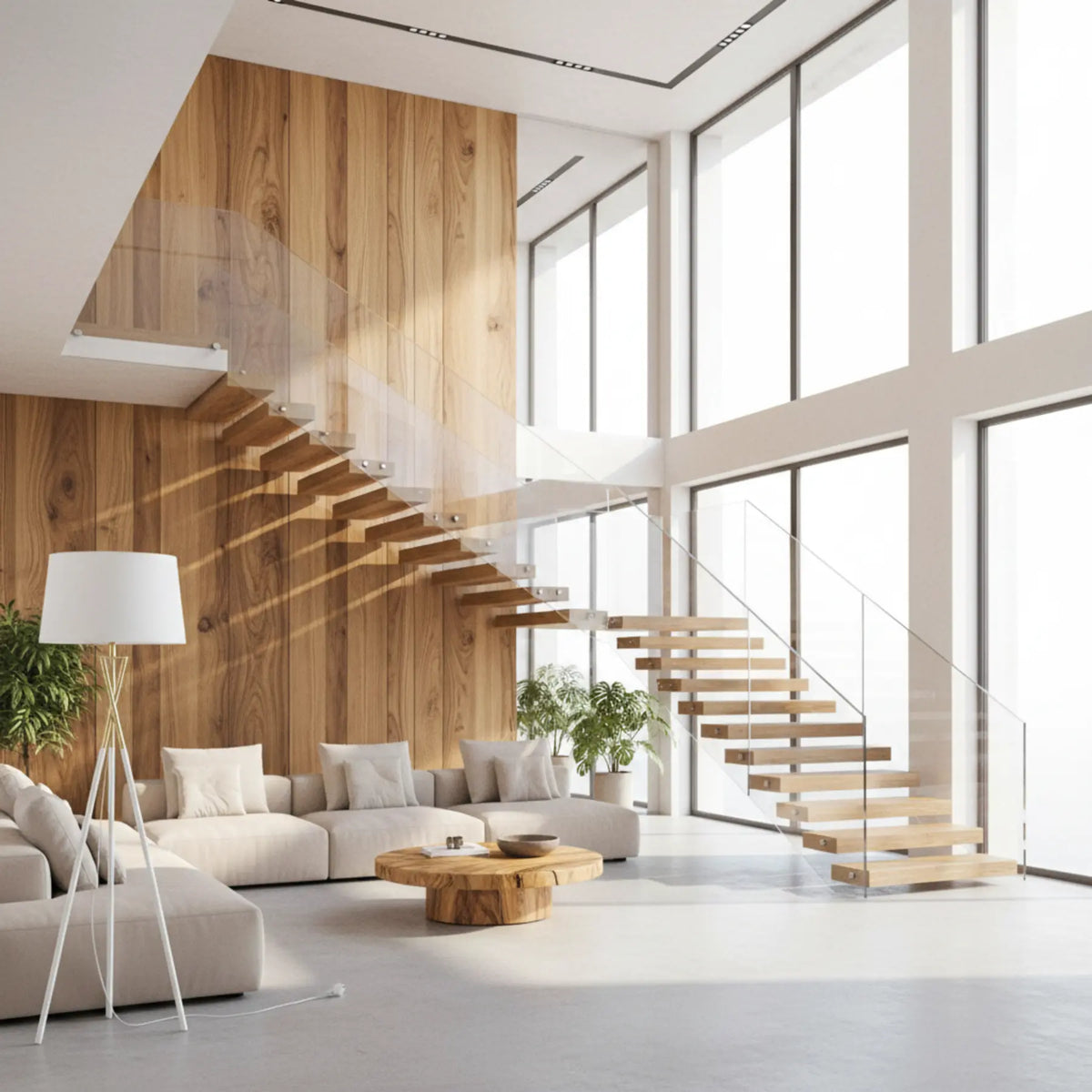 Lampadaire trépied scandinave blanc dans un séjour lumineux avec mur en bois, escalier suspendu et canapé blanc
