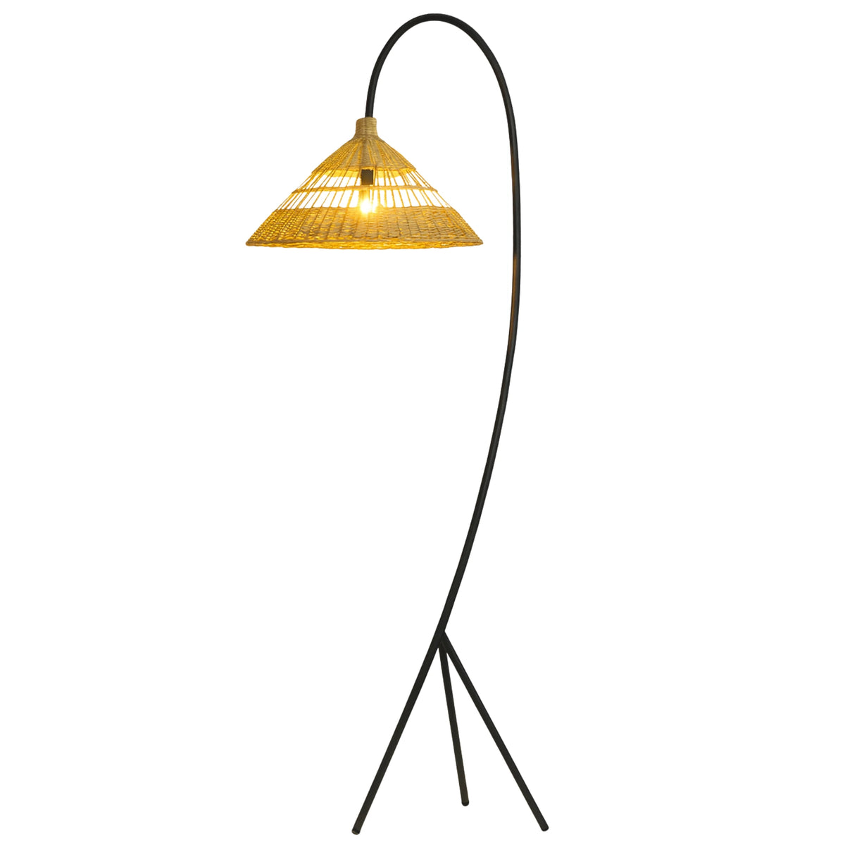Lampadaire Arc en Rotin Naturel 160 cm – Pied Acier Noir