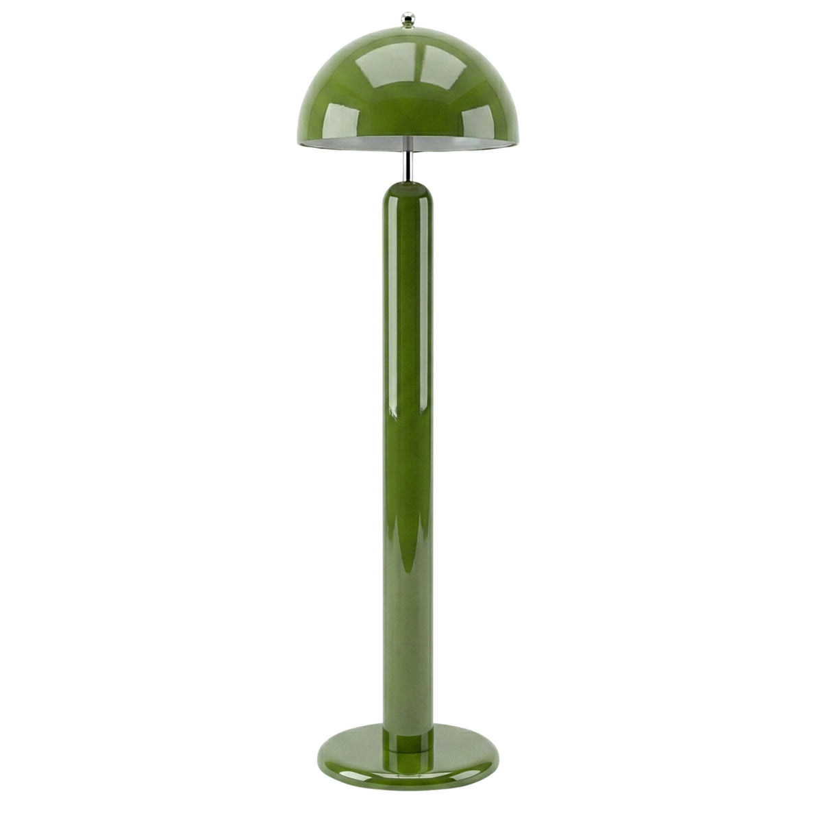 Lampadaire champignon vert laqué à pied cylindrique en bois et abat-jour dôme en métal, fait main en Tunisie, sur fond blanc