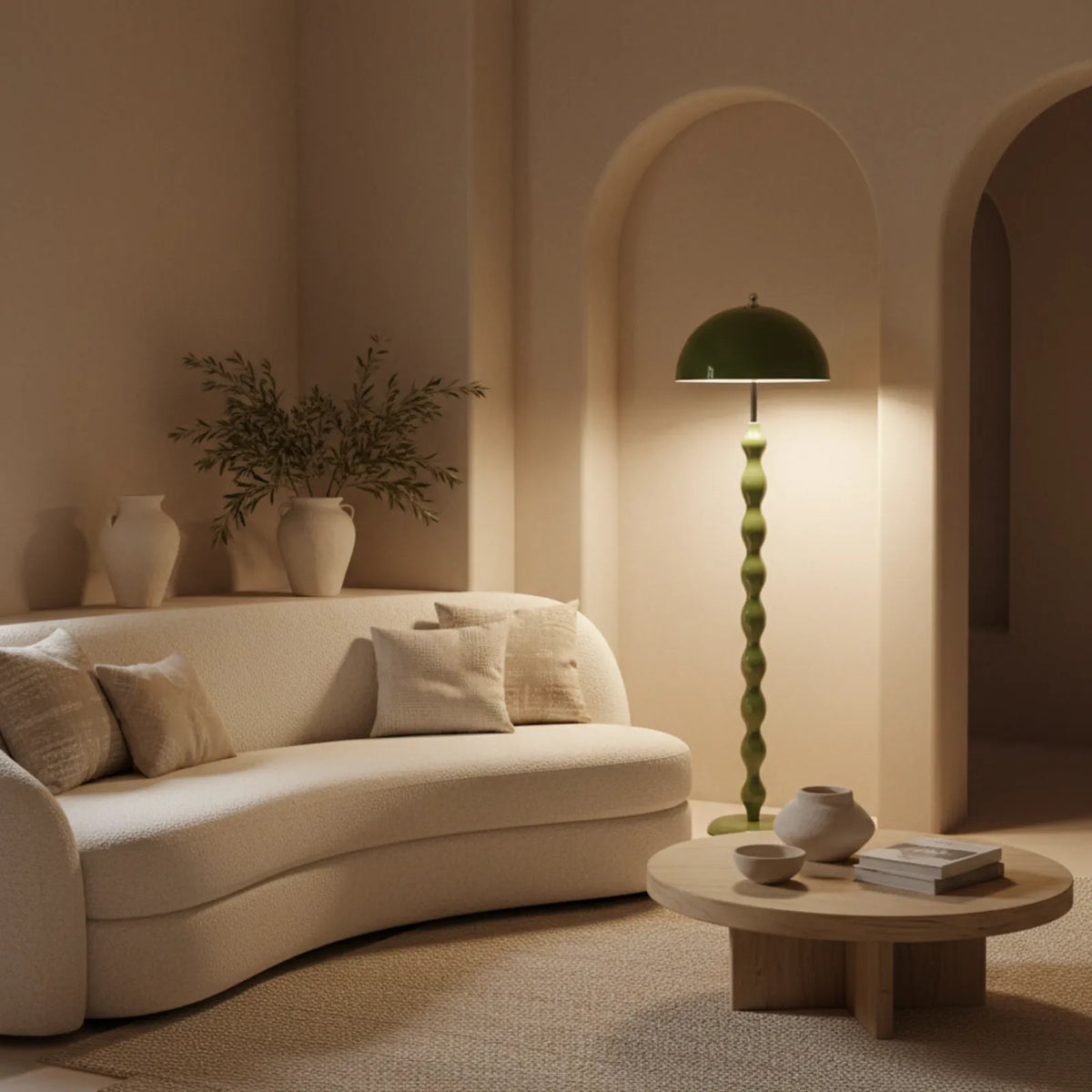 Lampadaire vert olive allumé à côté d'un canapé arrondi bouclé, dans un salon à arches